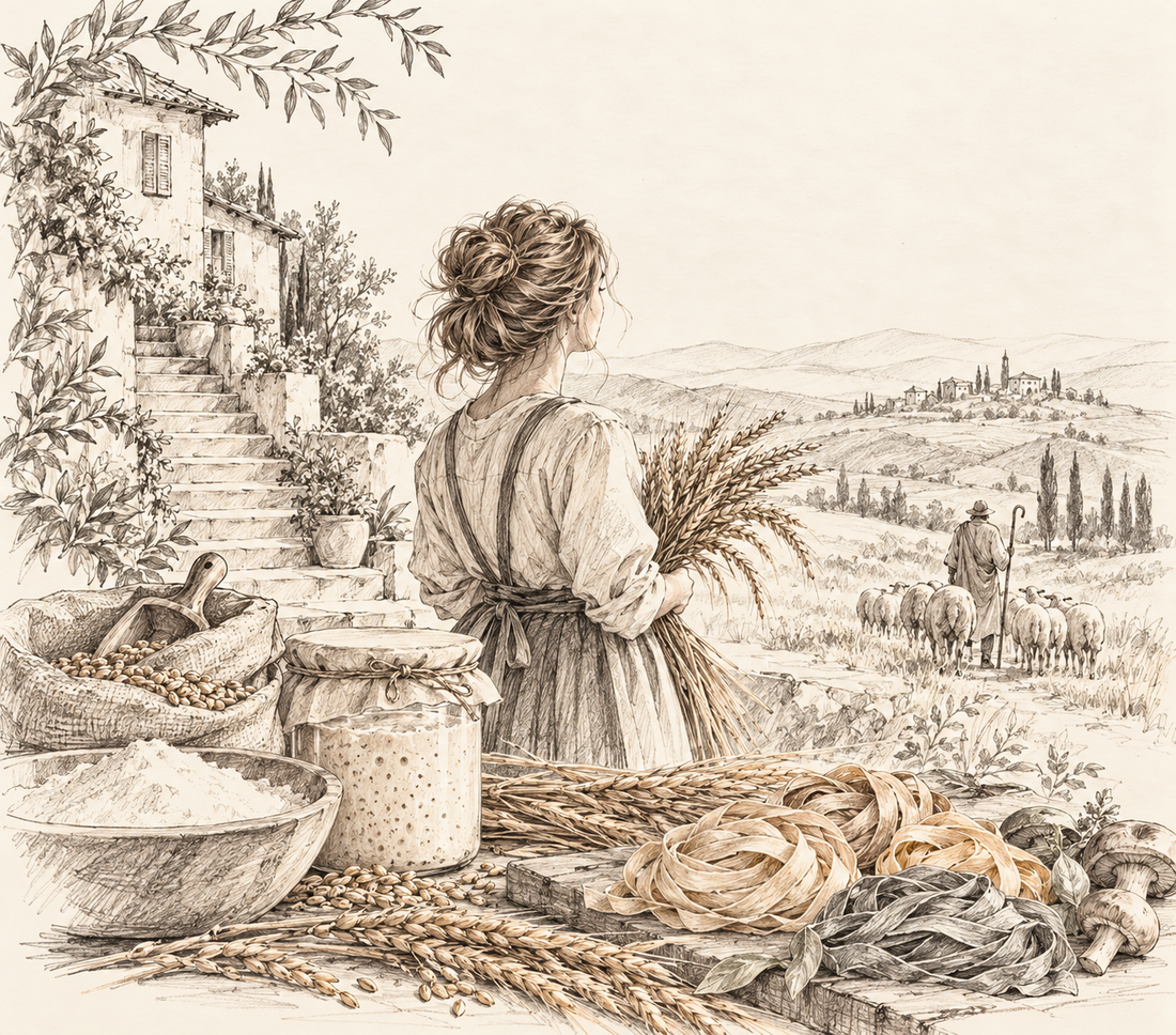 Sketch of a woman gathering grain in a countryside field