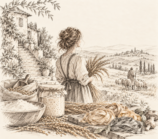 Sketch of a woman gathering grain in a countryside field